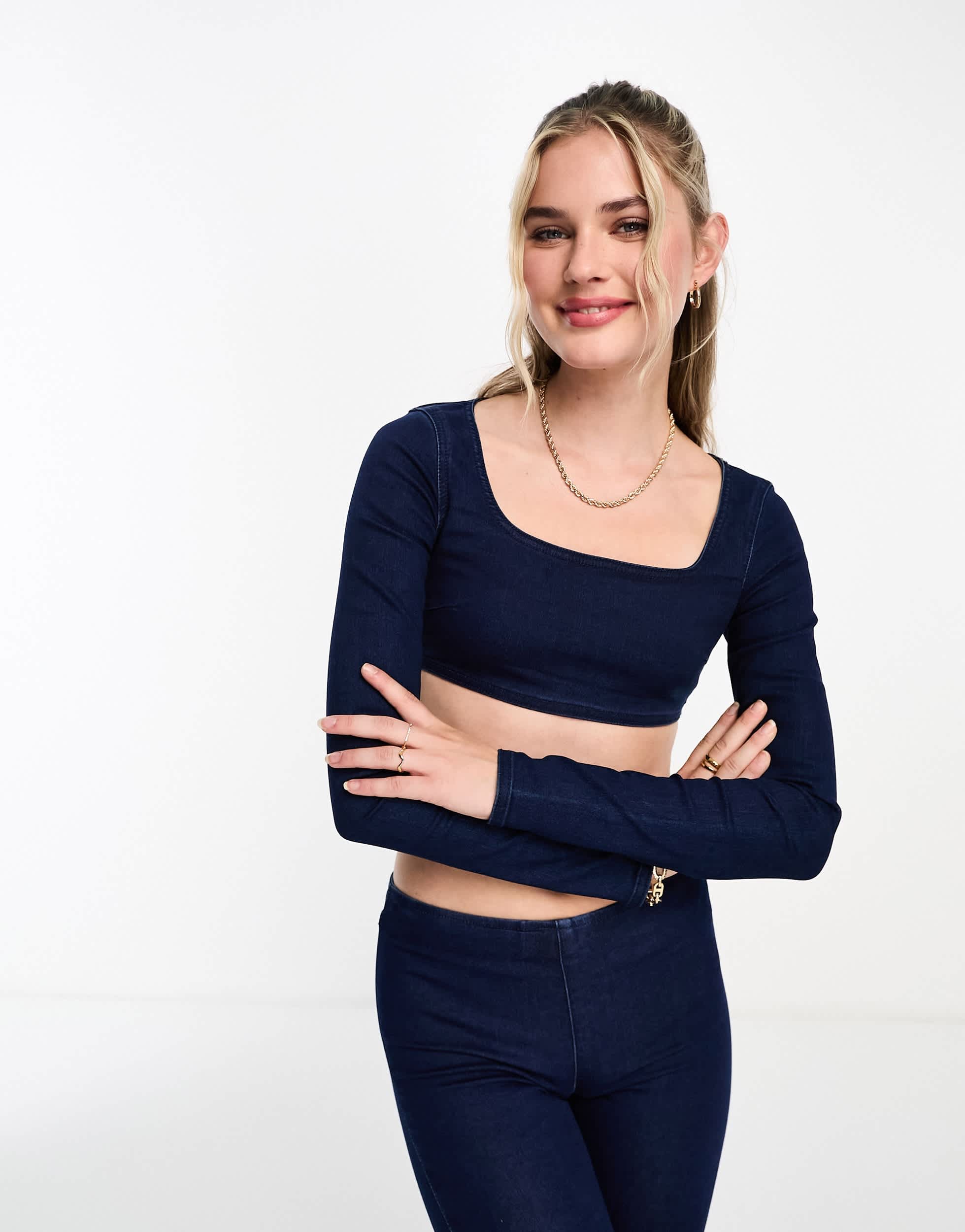Pull&Bear 90s micro long sleeve crop top in denim blue