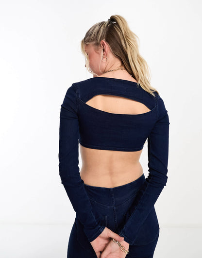 Pull&Bear 90s micro long sleeve crop top in denim blue