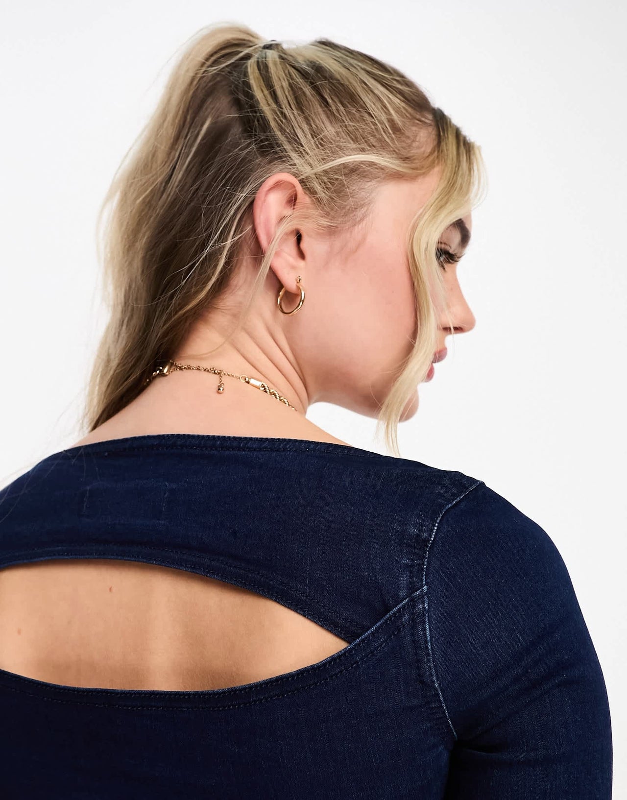 Pull&Bear 90s micro long sleeve crop top in denim blue