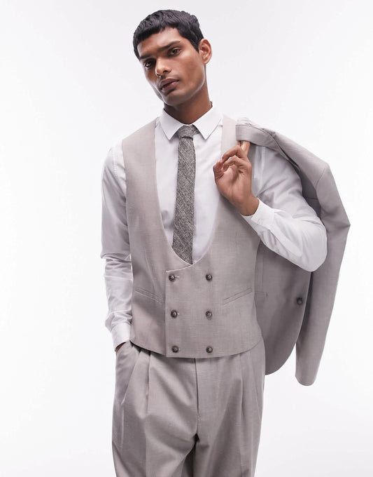 Topman slim linen blend waistcoat in stone