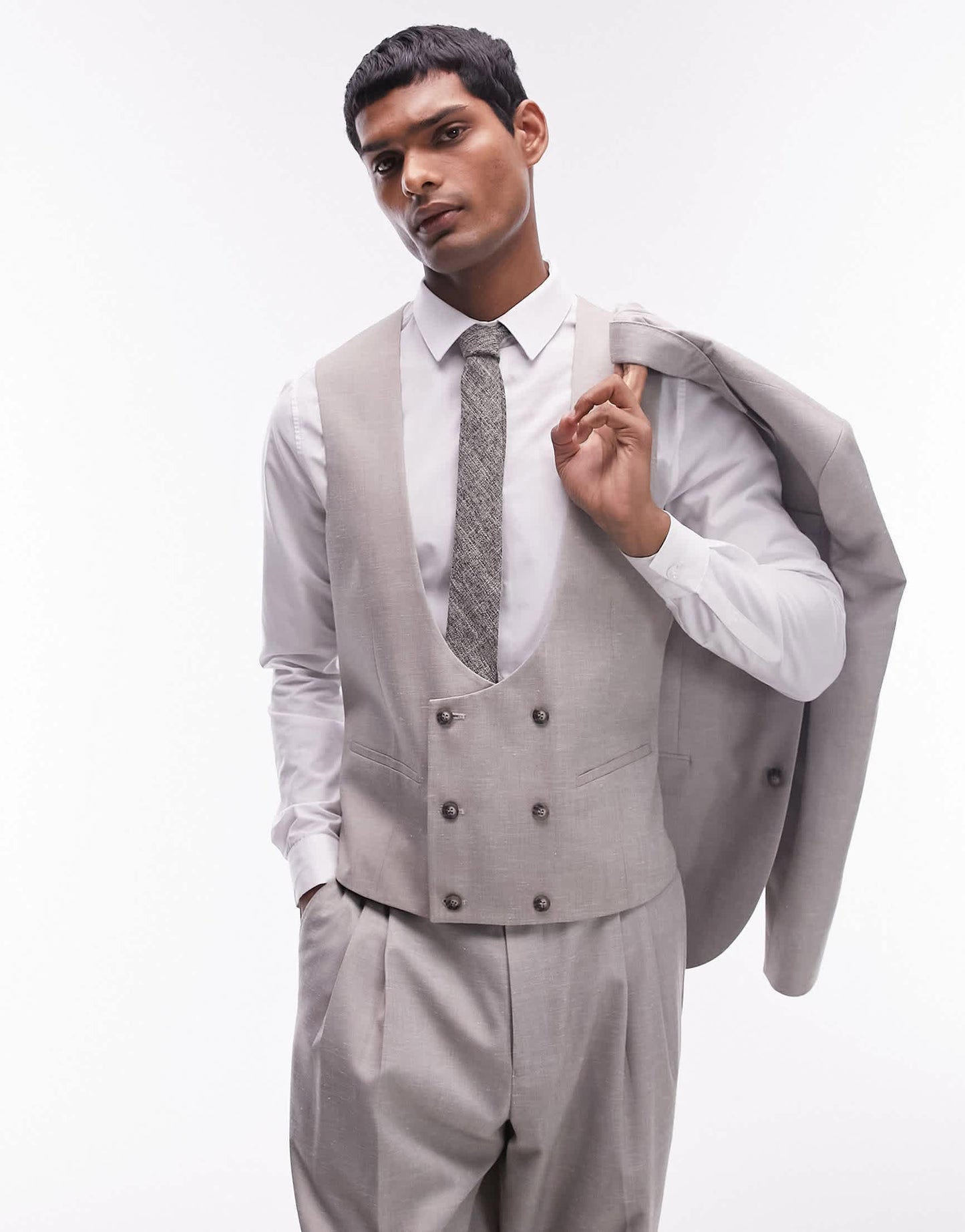 Topman slim linen blend waistcoat in stone