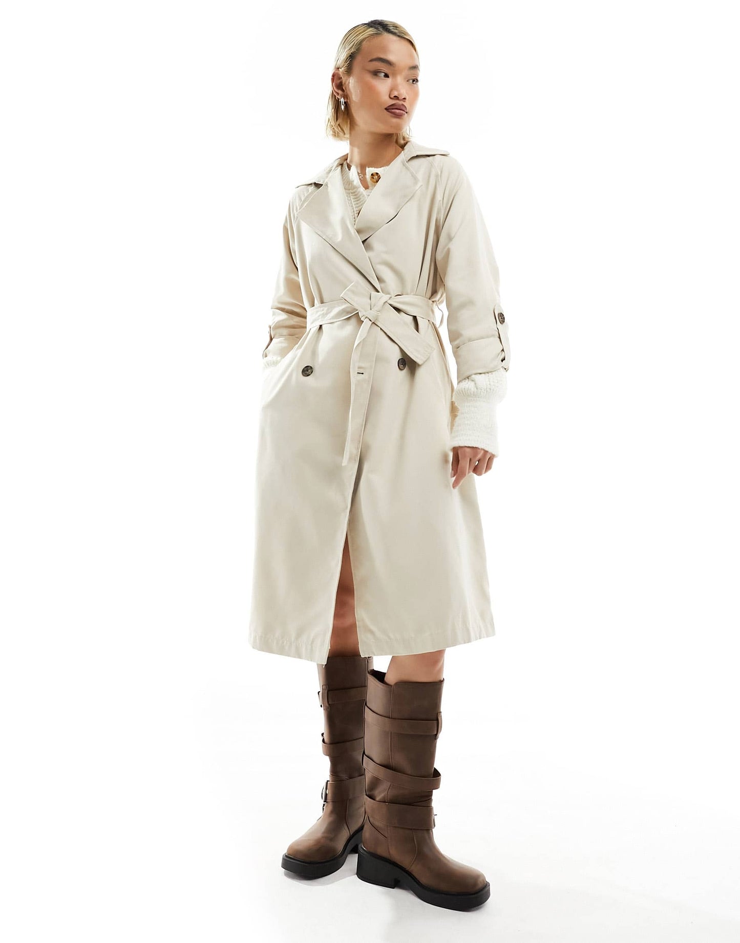 Stradivarius longline trench coat in light stone