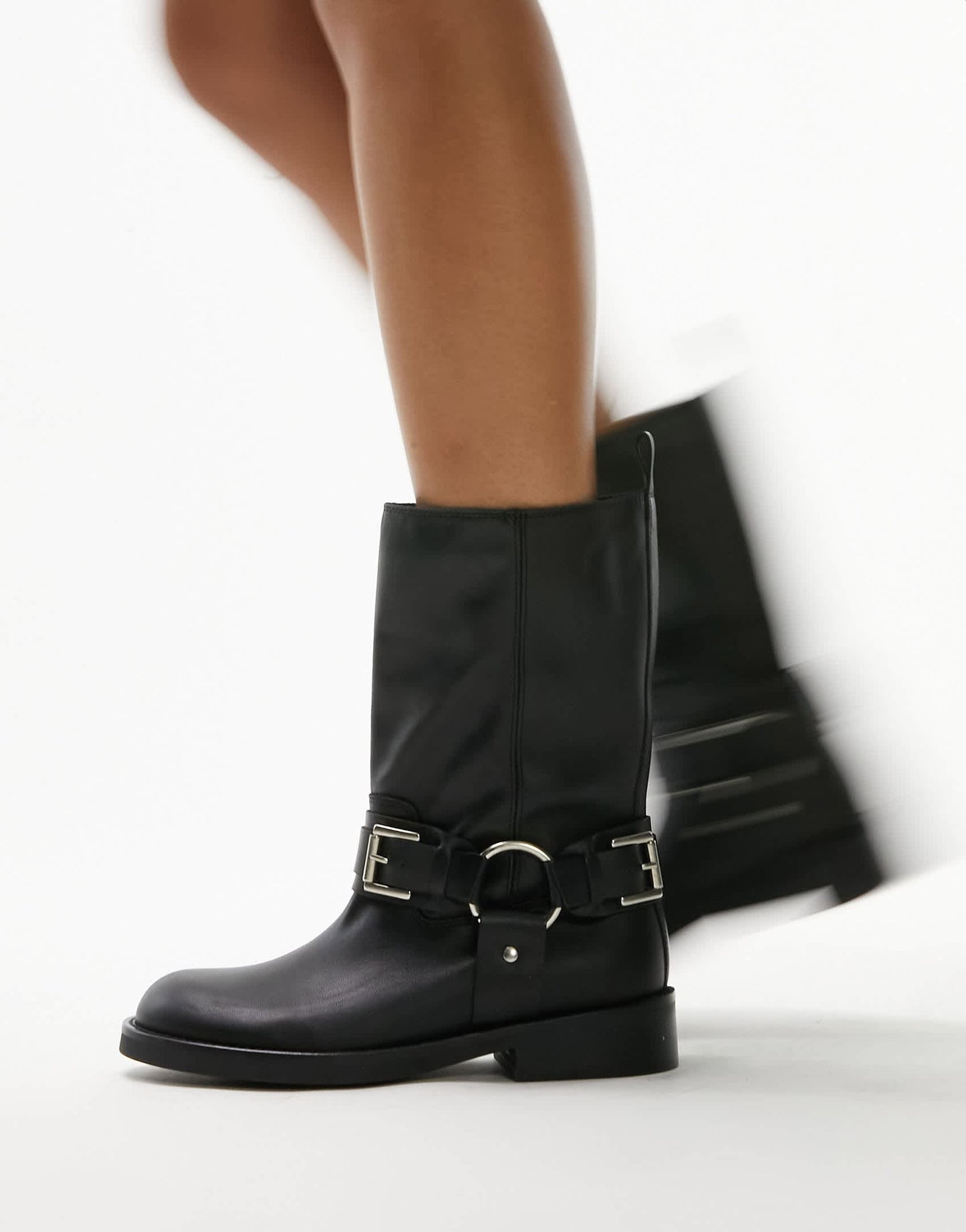 Topshop Lea premium leather biker boot in black