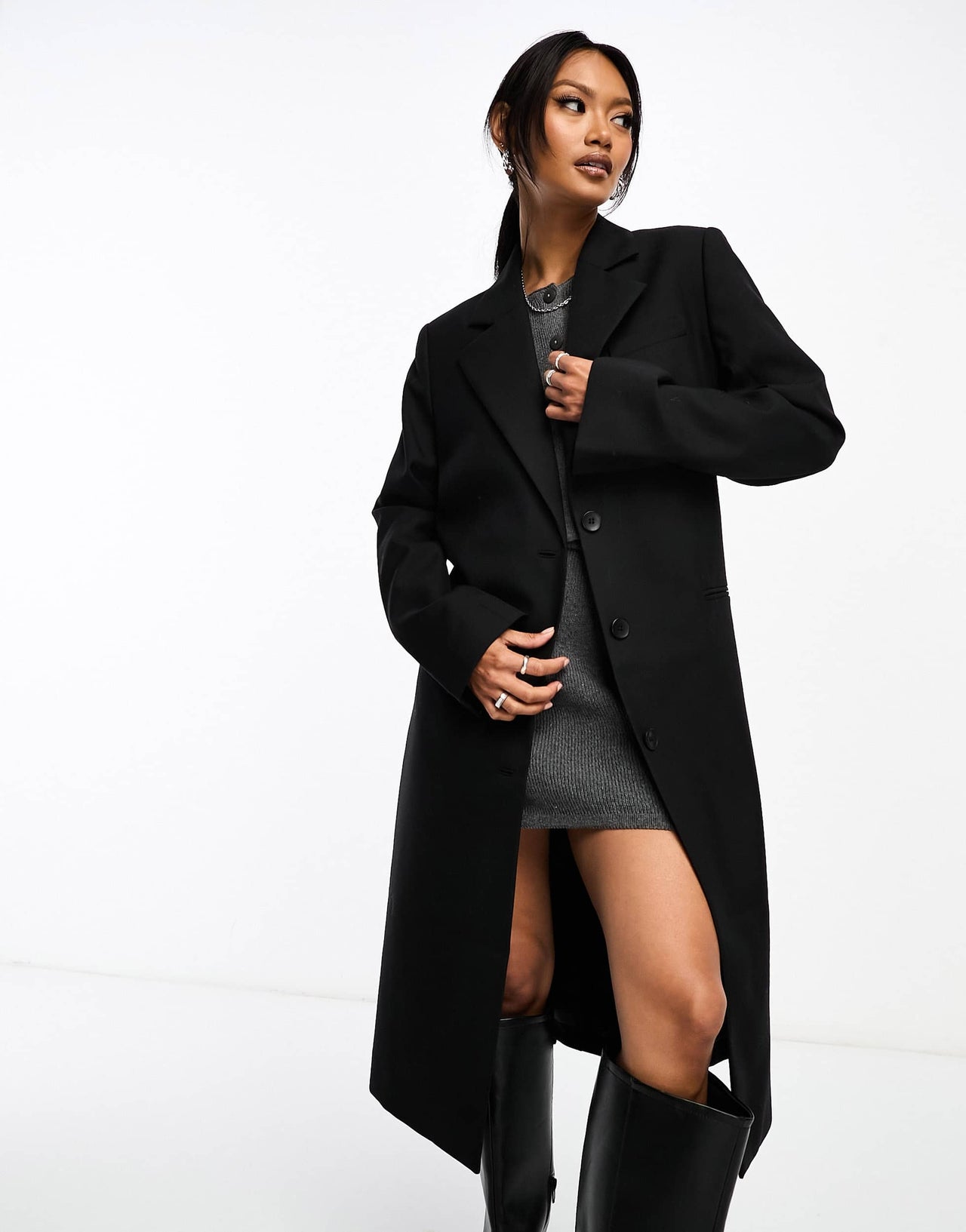 & Other Stories single breasted wool blend coat with belt in black