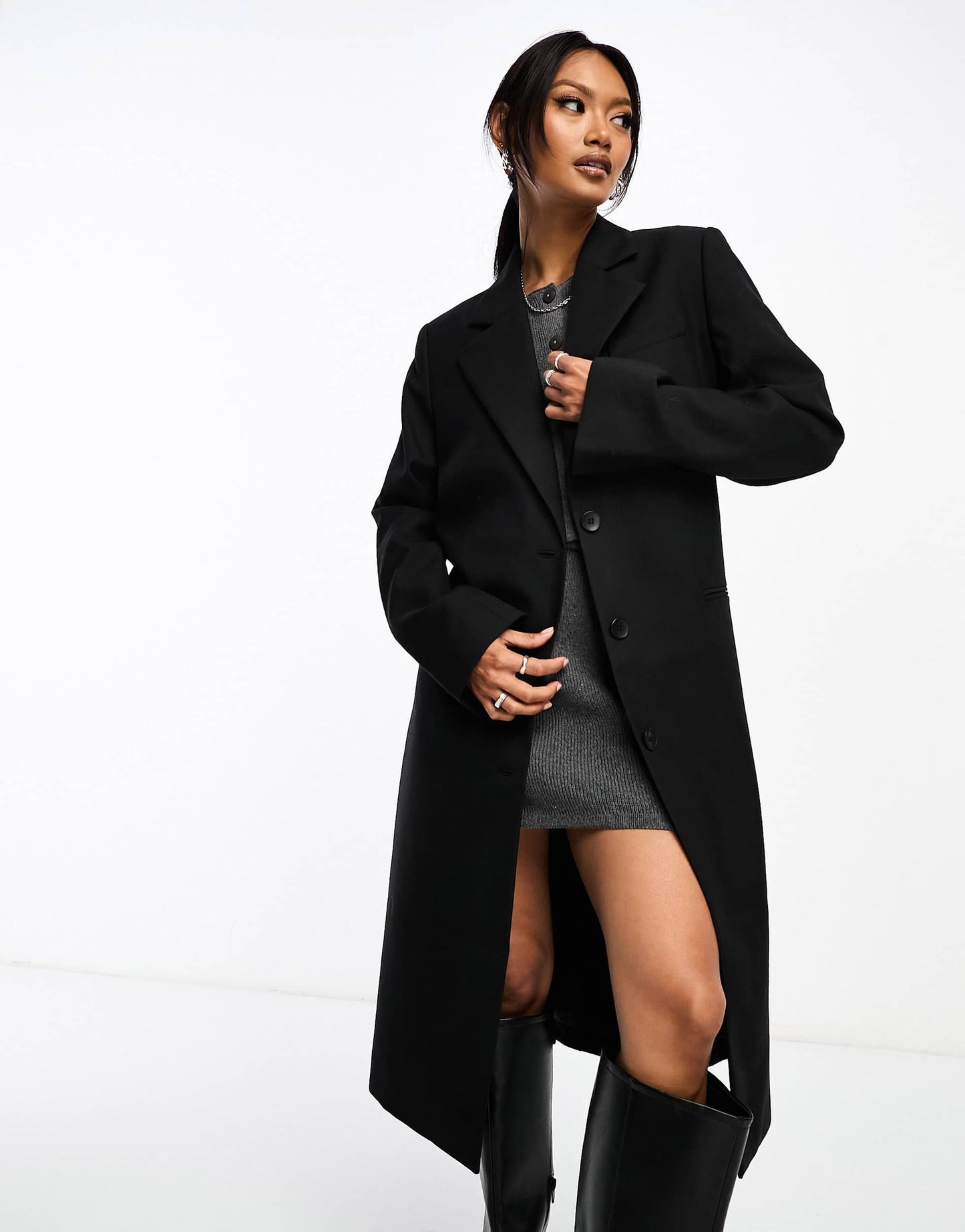 & Other Stories single breasted wool blend coat with belt in black