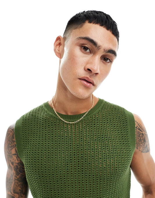 ASOS DESIGN lightweight knitted pointelle tank khaki