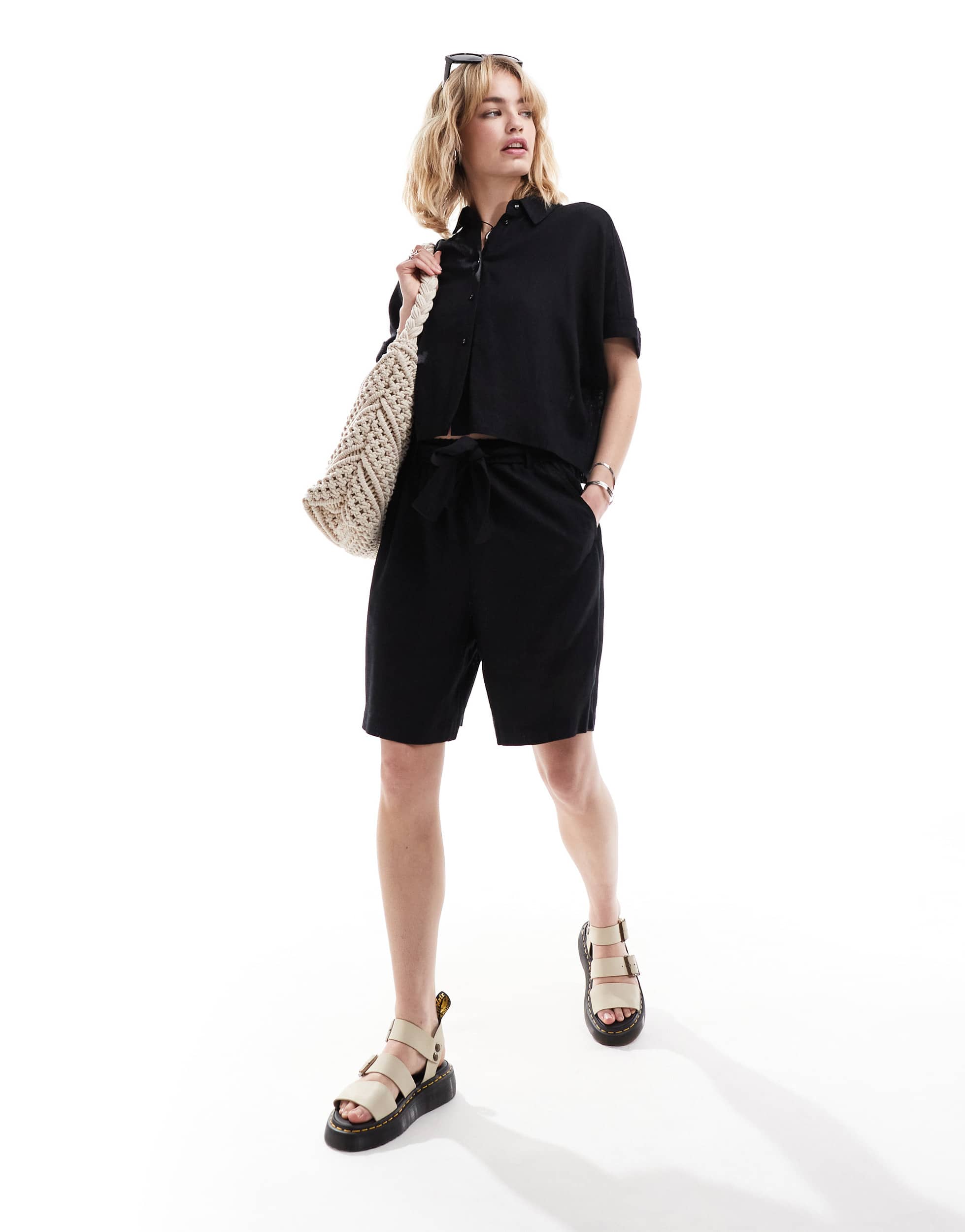 Selected Gulia high waist linen blend shorts co-ord in black