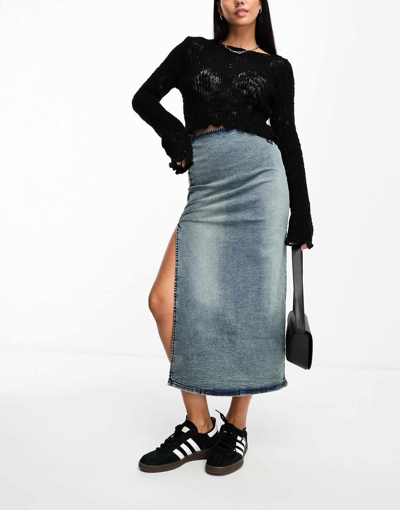Bershka bodycon denim midi skirt in mid blue