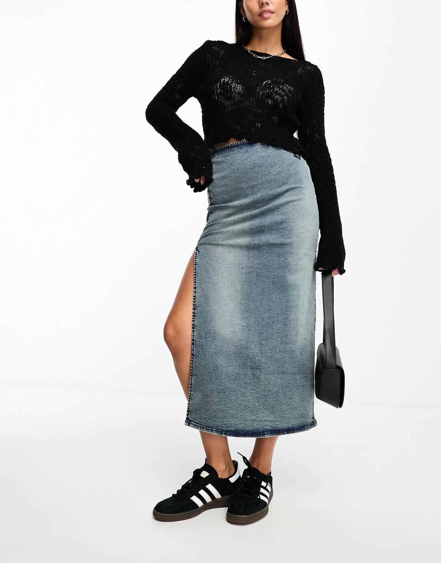 Bershka bodycon denim midi skirt in mid blue