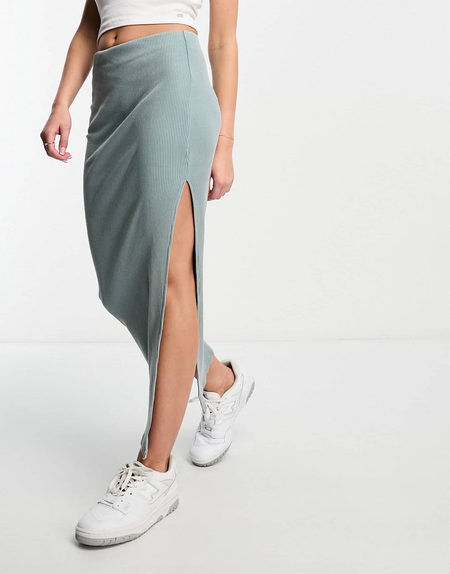 Bershka bodycon knitted midi skirt in dusty blue