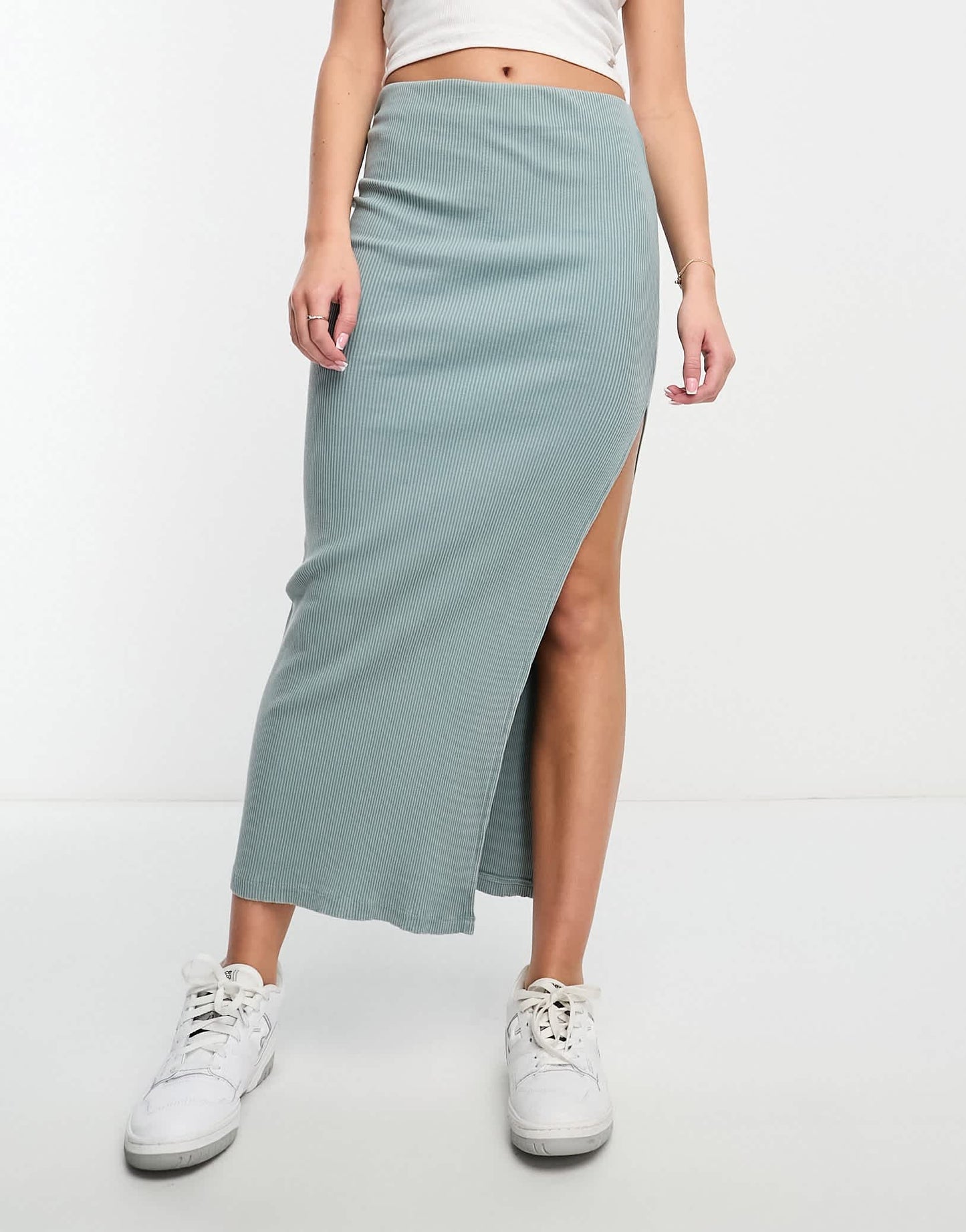 Bershka bodycon knitted midi skirt in dusty blue