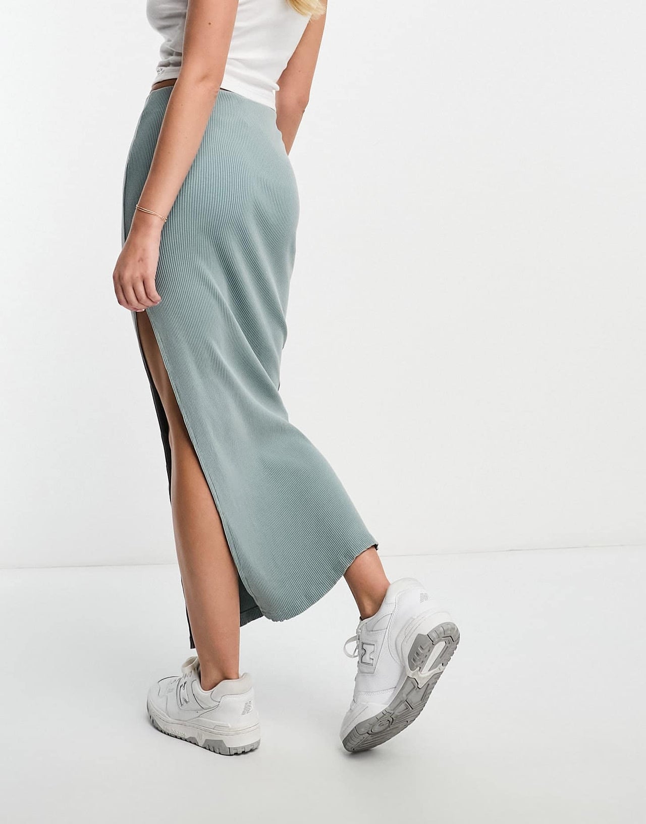 Bershka bodycon knitted midi skirt in dusty blue