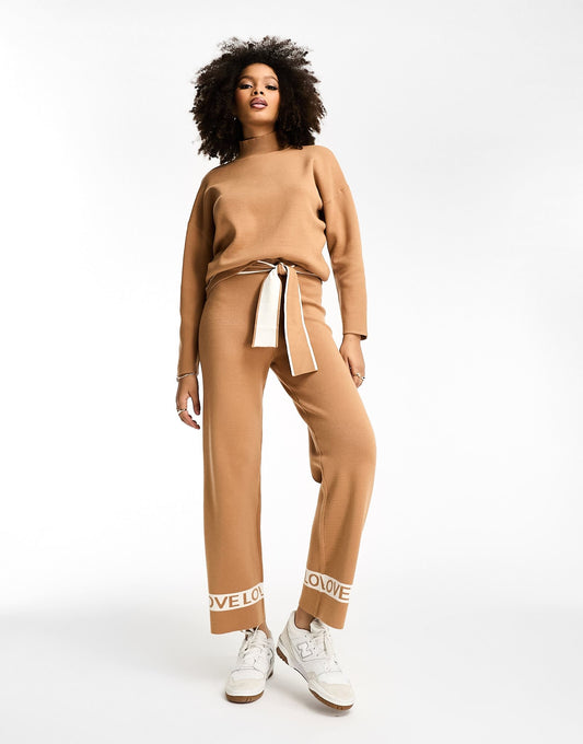 Never Fully Dressed LOVE knitted wide leg jogger co-ord in camel