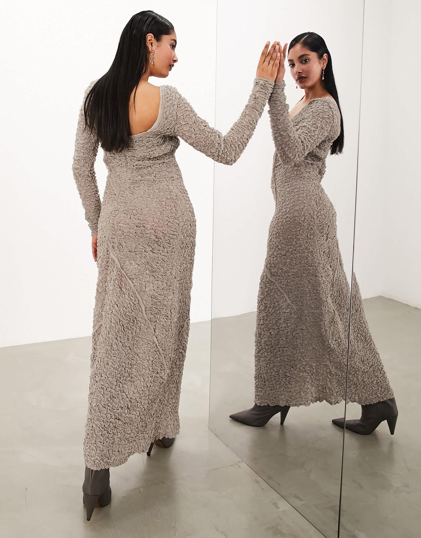 ASOS EDITION textured crinkle scoop neck maxi dress with seam detail in oatmeal