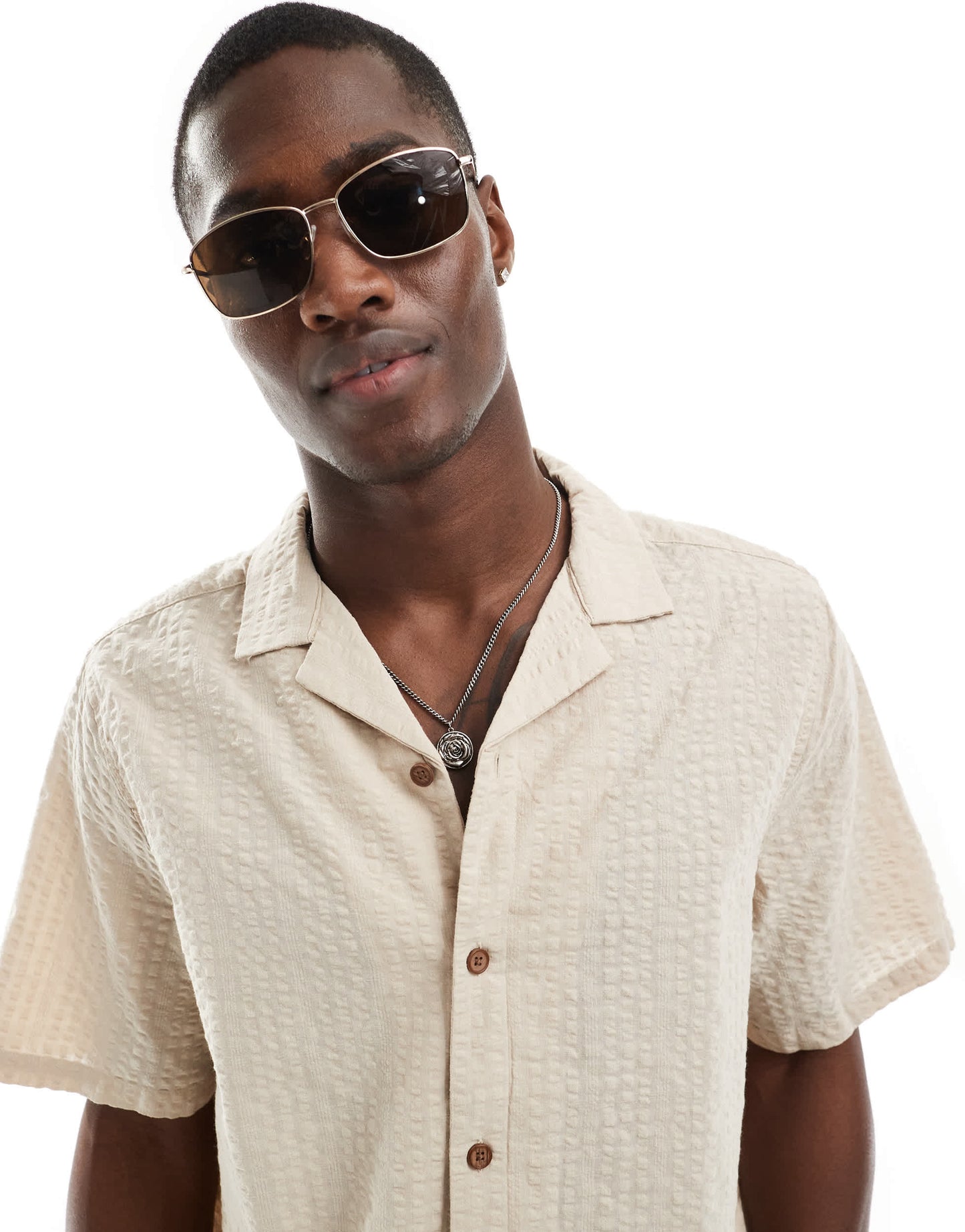 ASOS DESIGN co-ord 90s oversized shirt in seersucker texture in stone