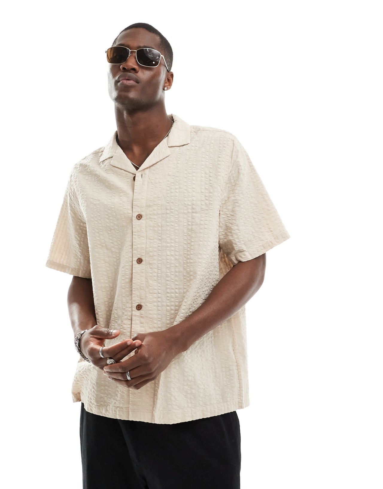 ASOS DESIGN co-ord 90s oversized shirt in seersucker texture in stone