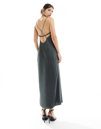 ASOS DESIGN satin cut out cami midi dress in charcoal grey