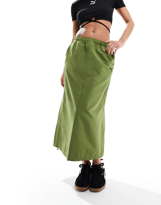 Puma Dare To midi woven cargo skirt in khaki