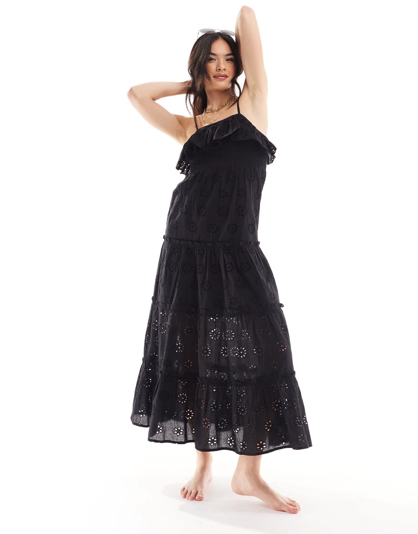 IIsla & Bird maxi strappy broderie beach dress in black