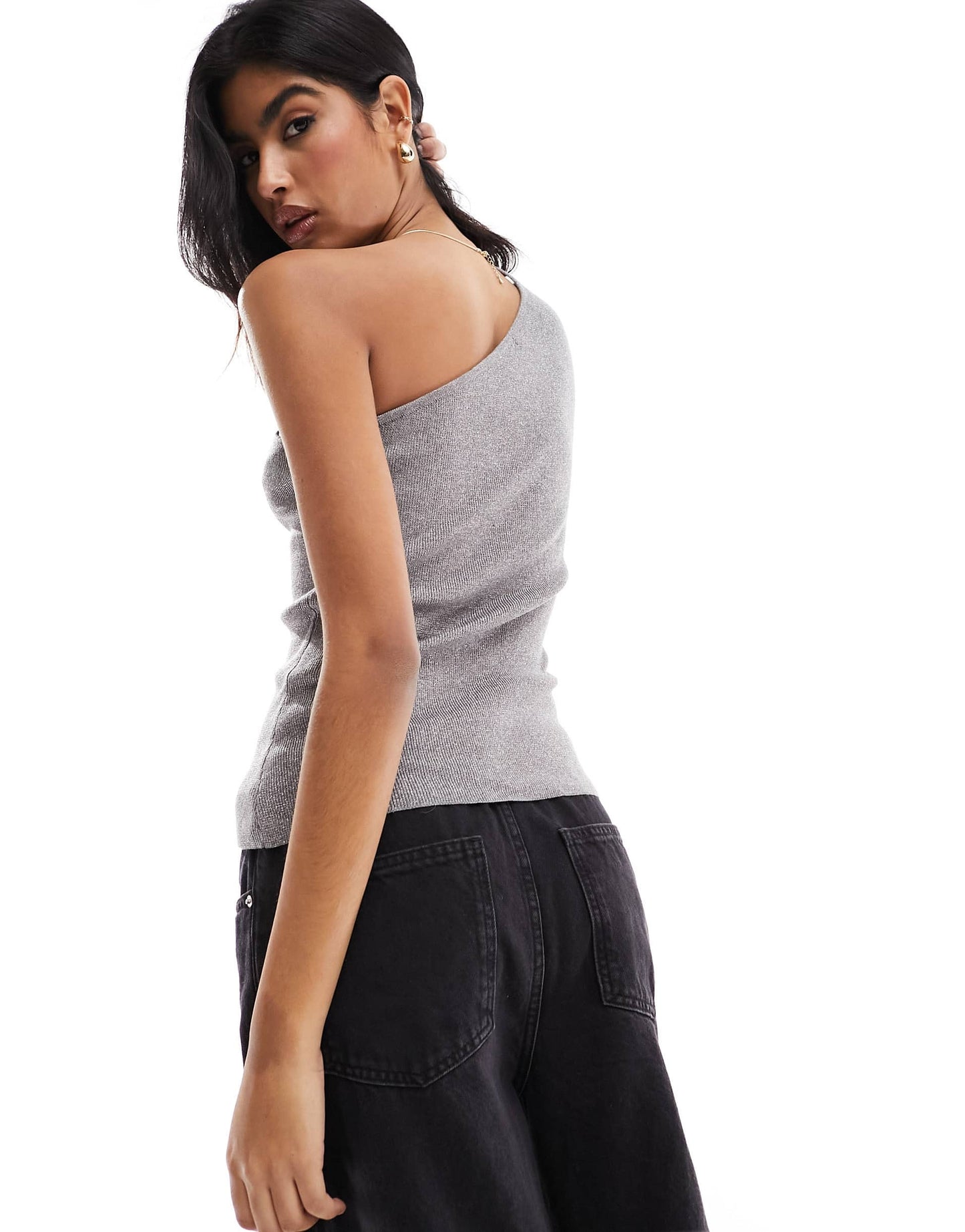 Selected Femme metallic one shoulder top in silver