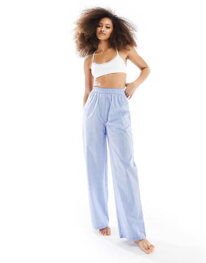Luna oversized cotton wide leg stripe pyjama bottoms in blue