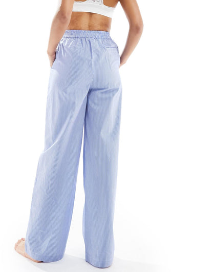 Luna oversized cotton wide leg stripe pyjama bottoms in blue