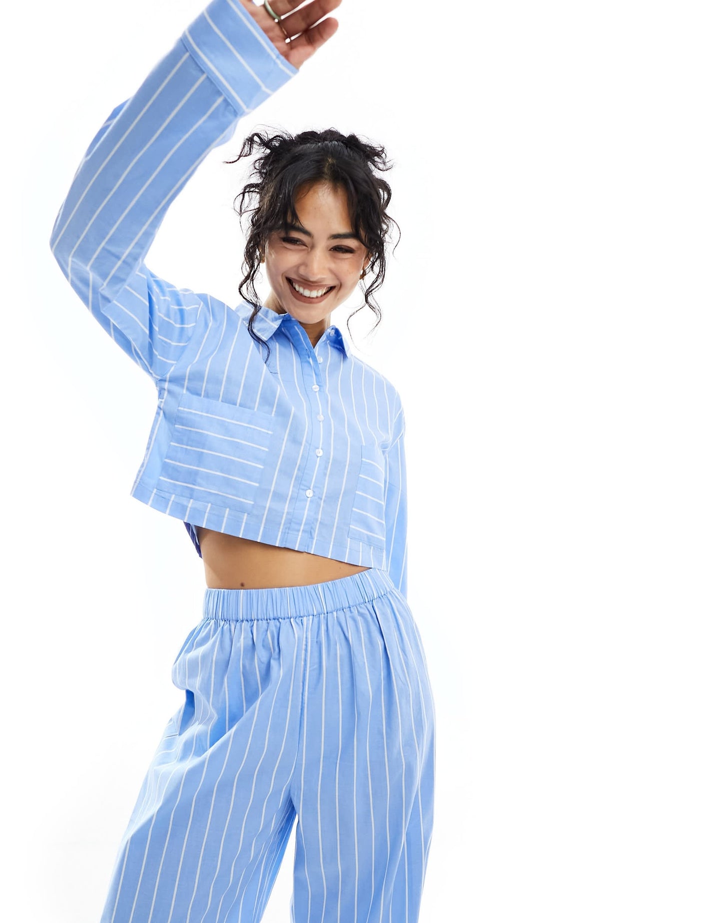 Luna oversized cropped pyjama shirt co ord in blue stripe