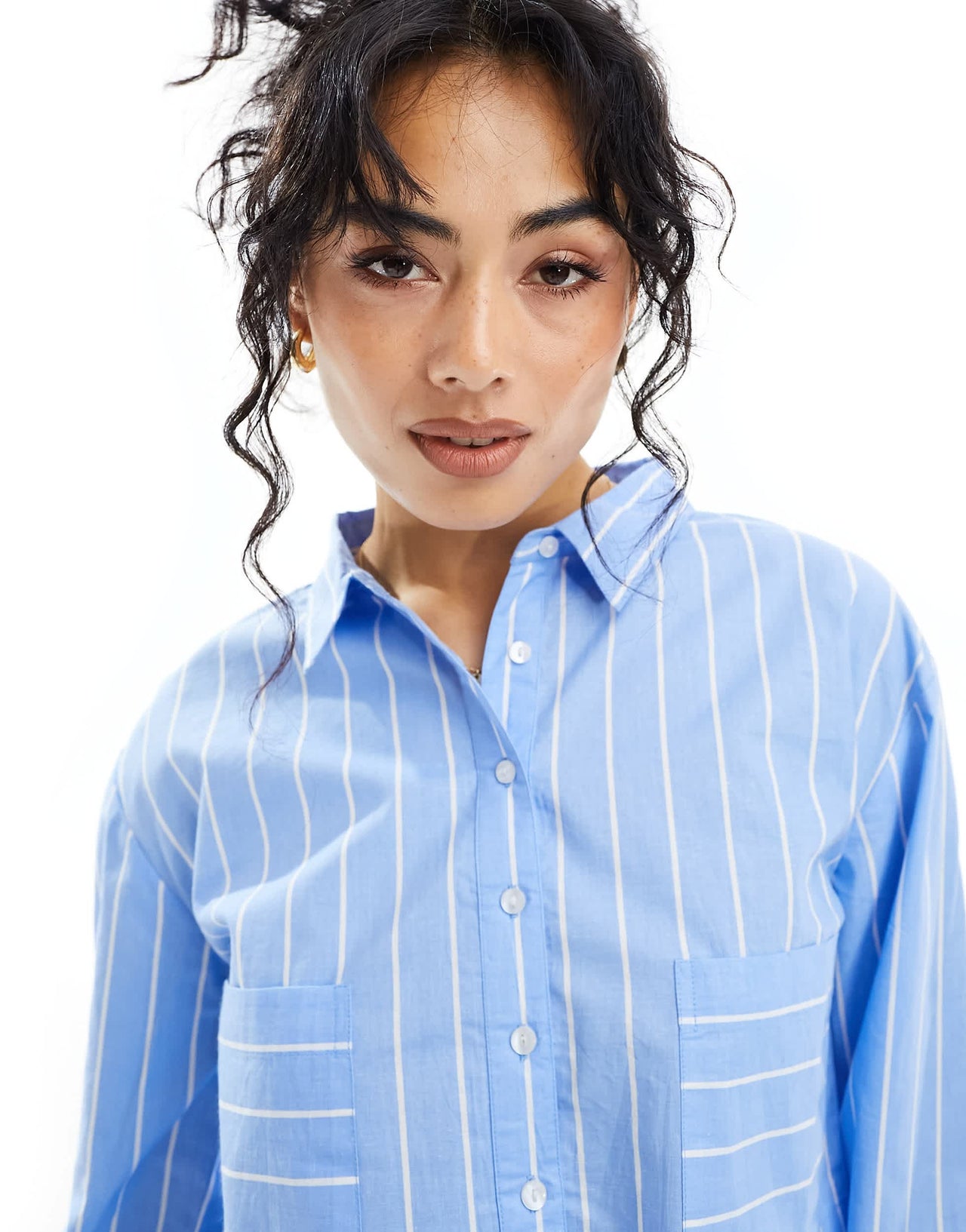 Luna oversized cropped pyjama shirt co ord in blue stripe