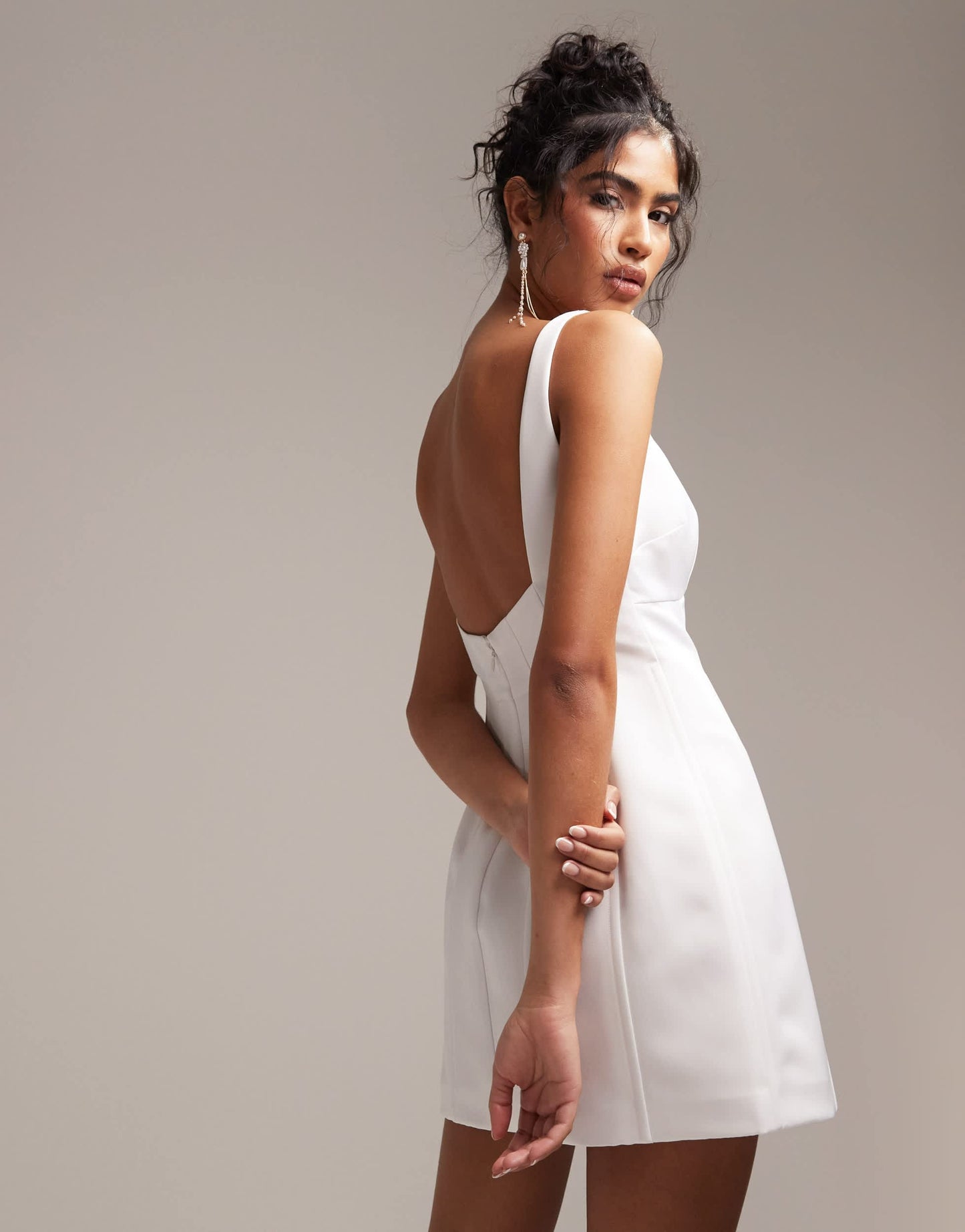 ASOS DESIGN satin structured square neck mini wedding dress in ivory