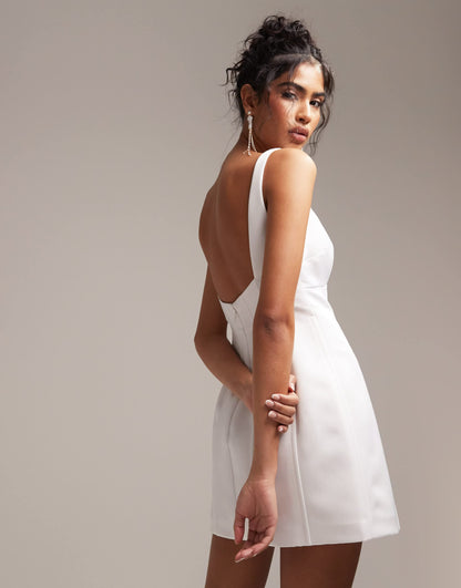 ASOS DESIGN satin structured square neck mini wedding dress in ivory