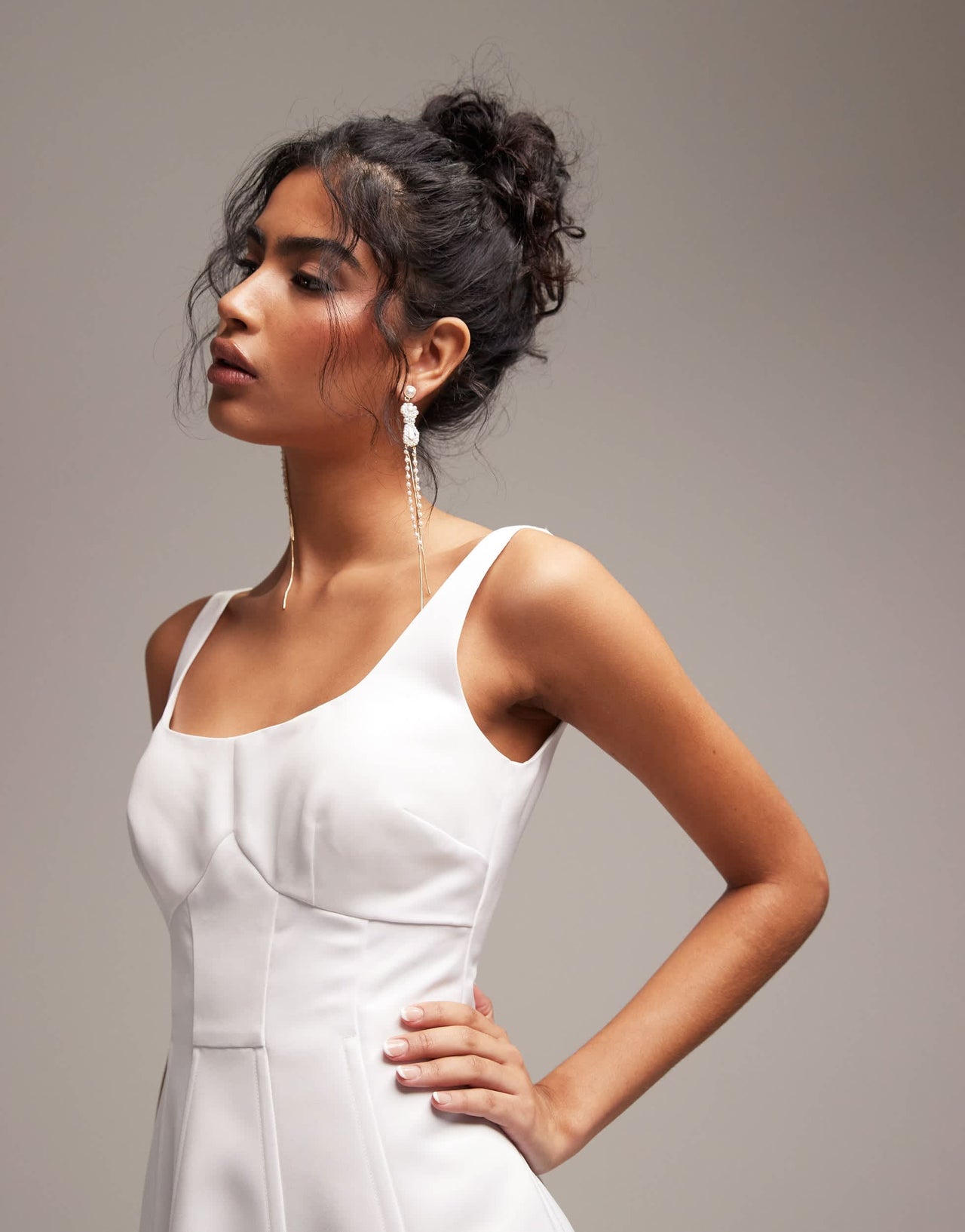 ASOS DESIGN satin structured square neck mini wedding dress in ivory