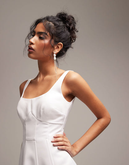 ASOS DESIGN satin structured square neck mini wedding dress in ivory