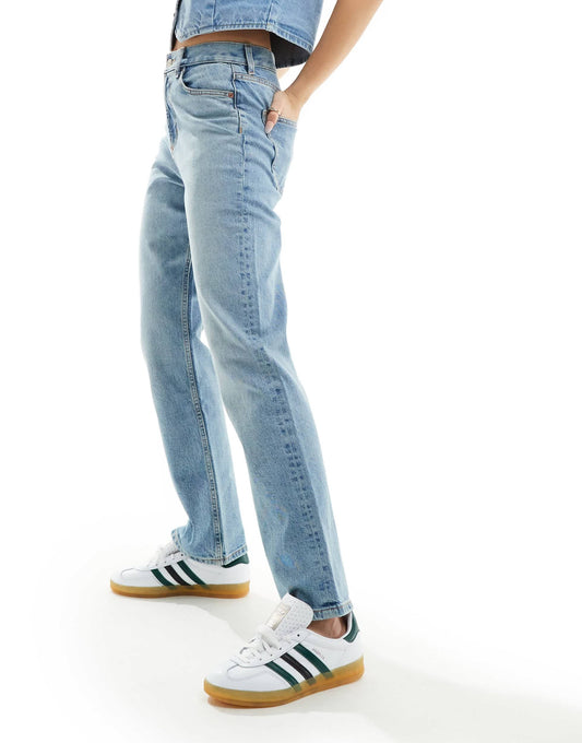 ASOS DESIGN comfort mid rise straight jeans in mid blue