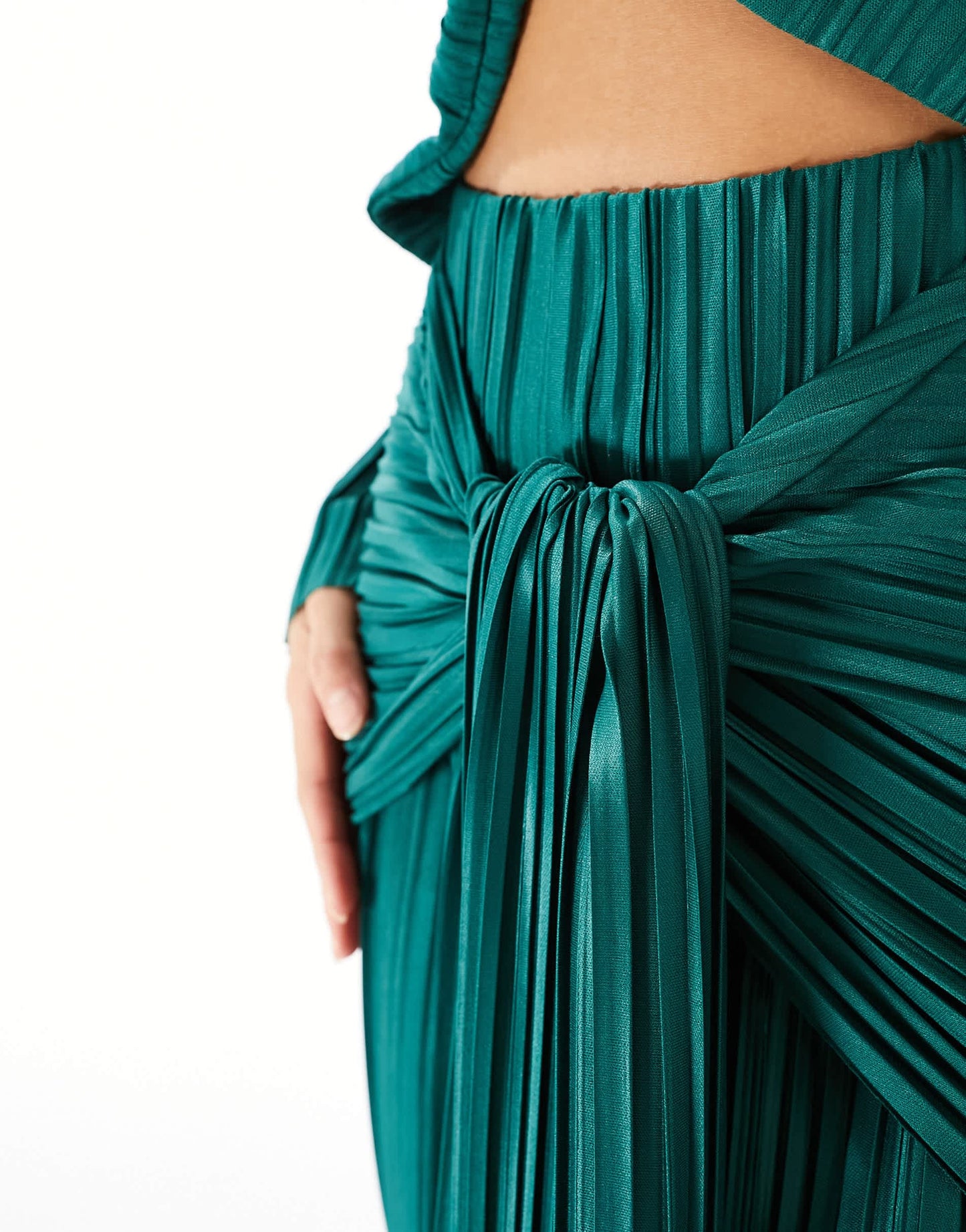 ASOS DESIGN Petite plisse bardot twist front maxi dress in bottle green