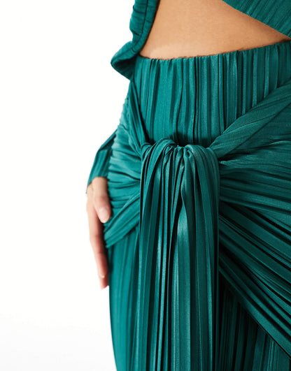 ASOS DESIGN Petite plisse bardot twist front maxi dress in bottle green
