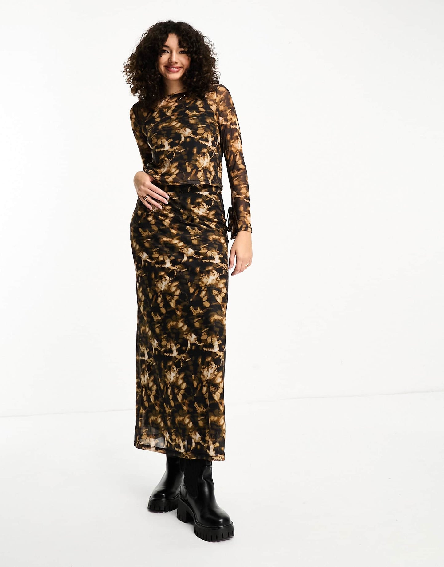 Vero Moda Tall abstract mesh long sleeved jersey top co-ord in brown