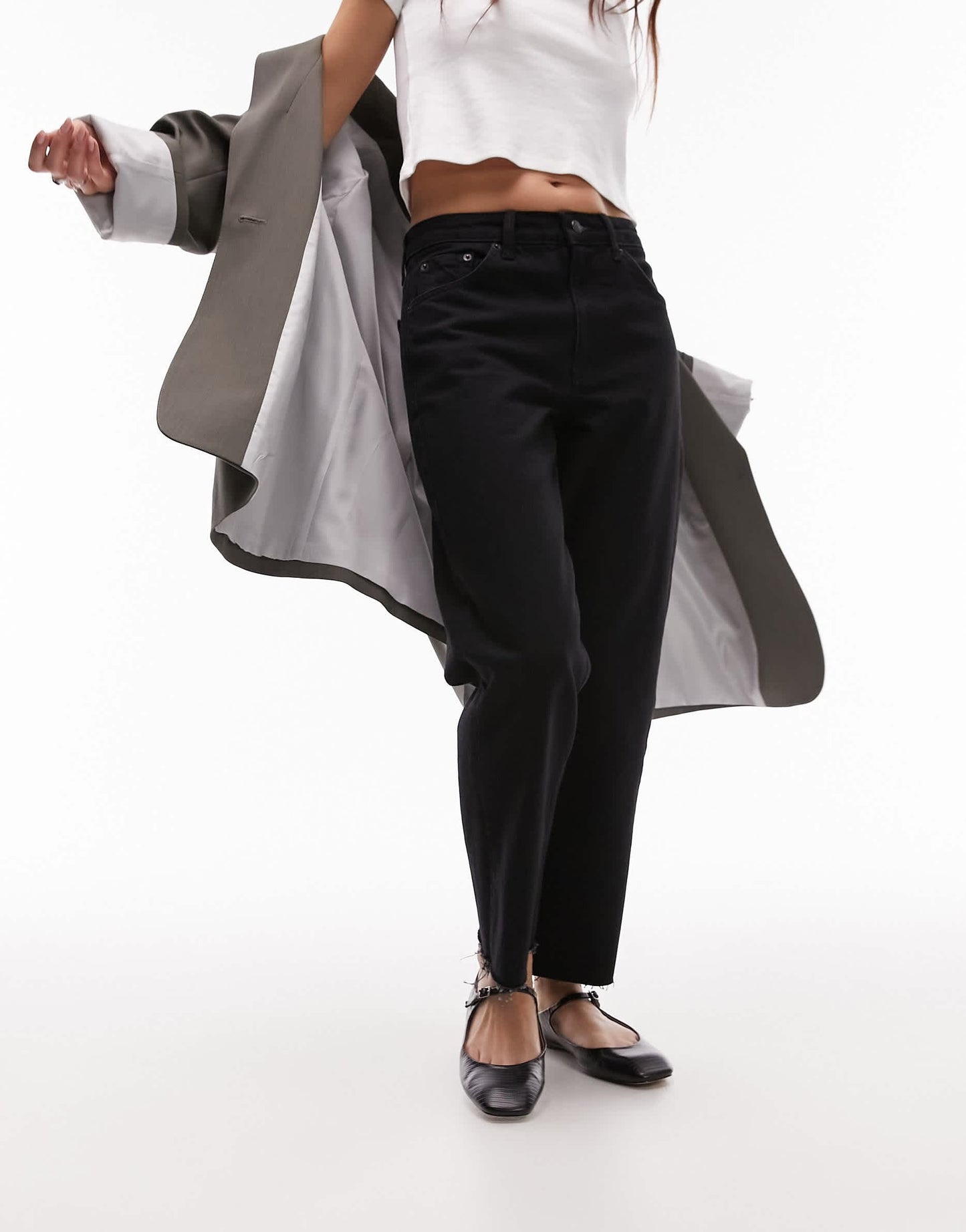 Topshop mid rise straight cropped jean with raw hems in washed black