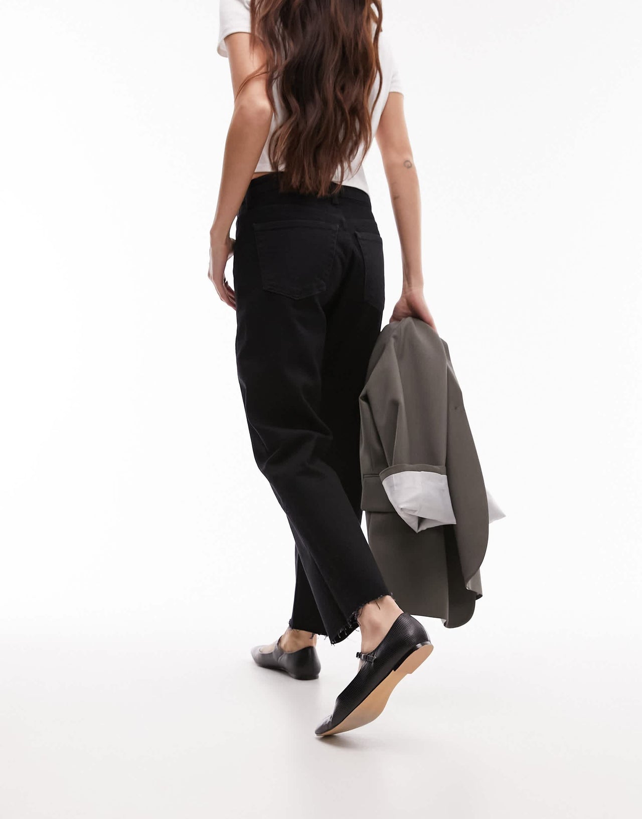Topshop mid rise straight cropped jean with raw hems in washed black