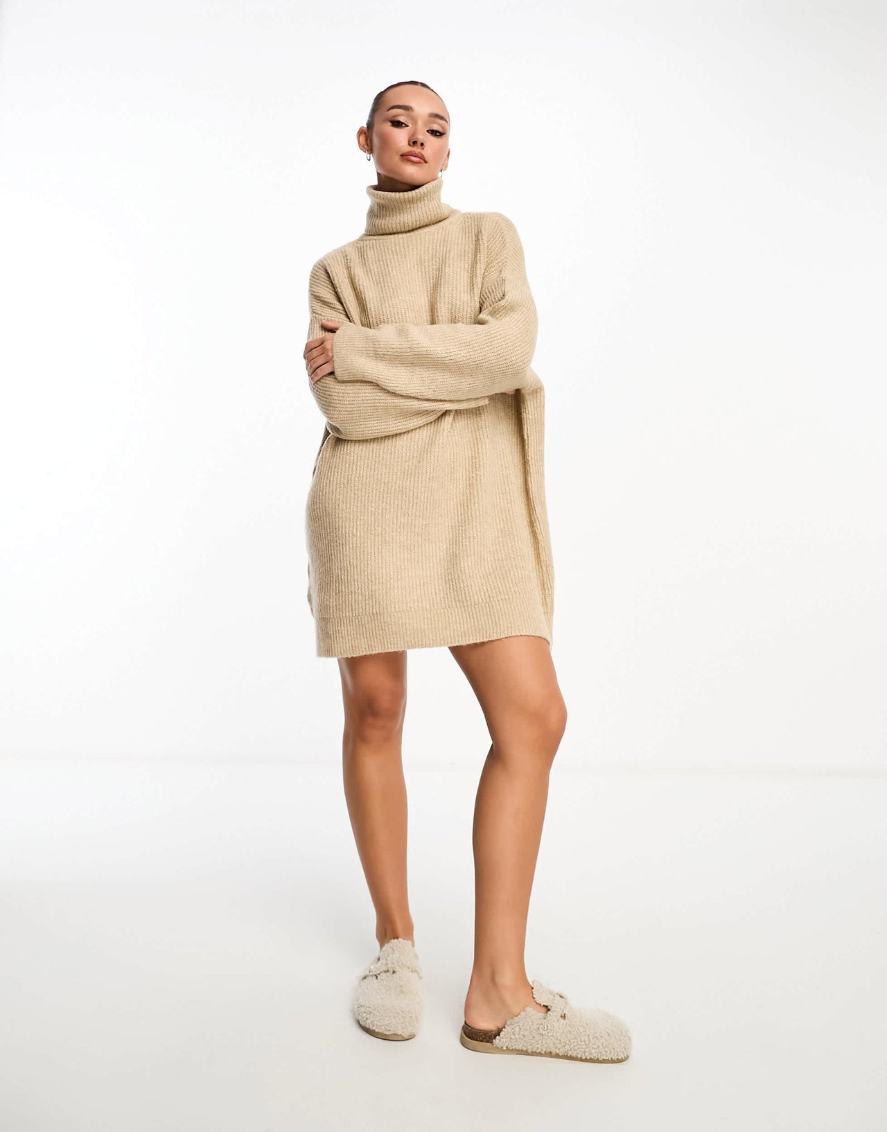 Stradivarius high neck knit mini dress in beige