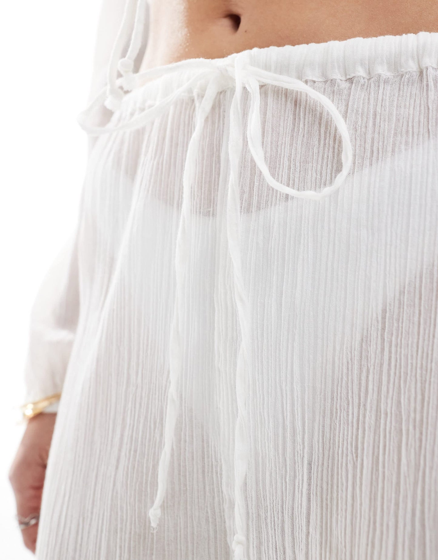 Esmee beach drawstring textured sheer trouser co-ord in white