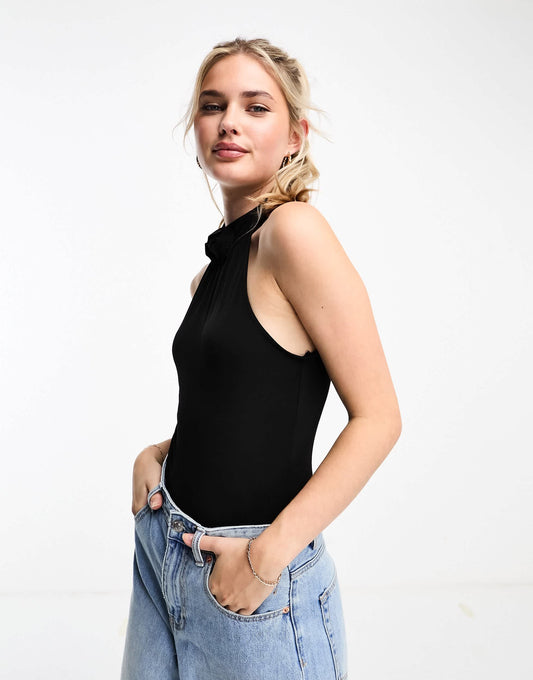 New Look corsage detail halterneck body in black