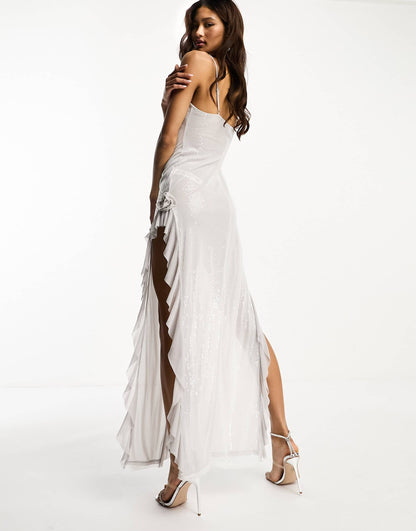 ASOS DESIGN sequin corsage ruffle maxi dress in grey