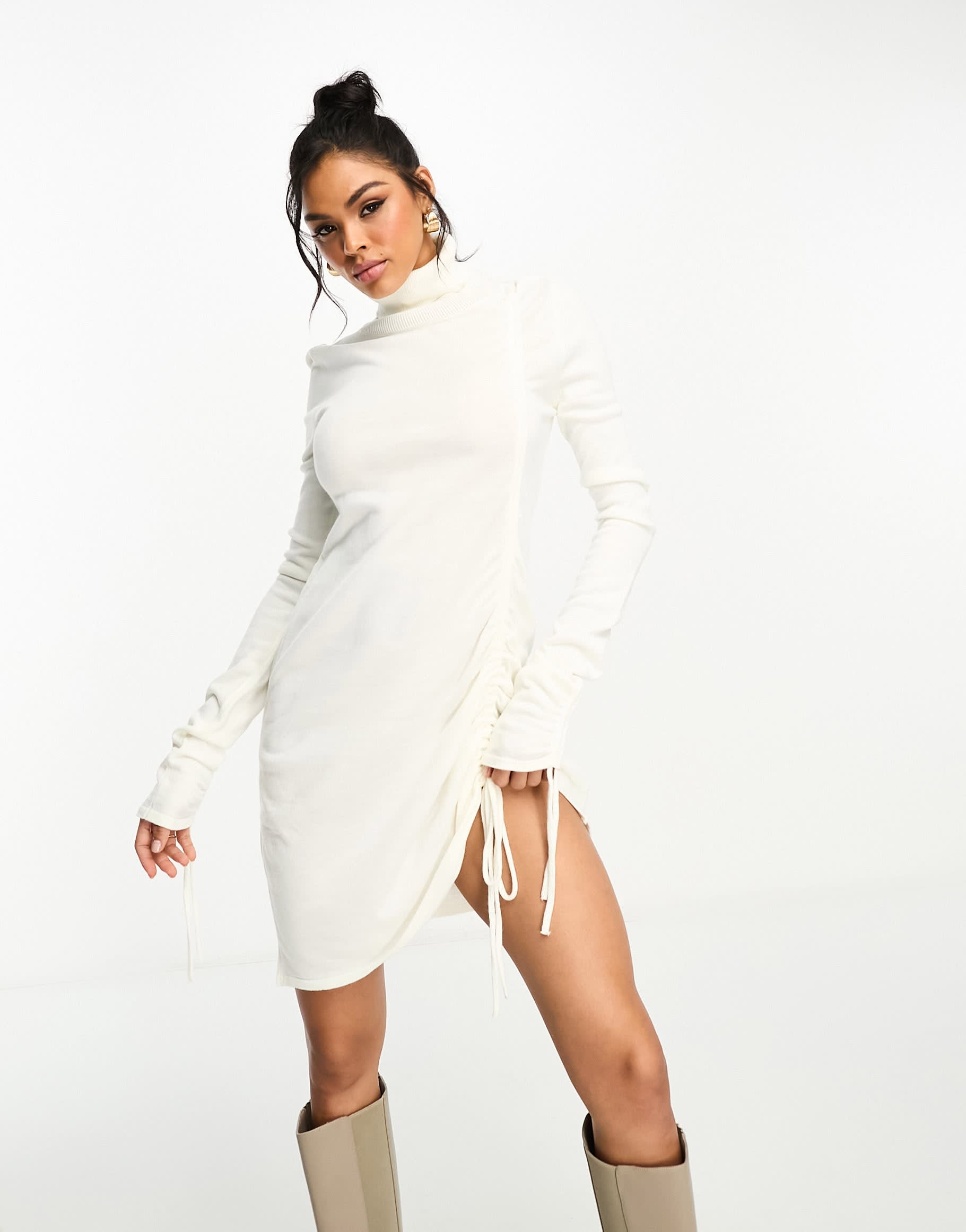 Missyempire roll neck ruched knitted mini dress in ecru