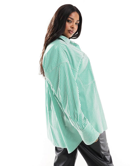 ASOS EDITION Curve oversized cotton shirt in green stripe