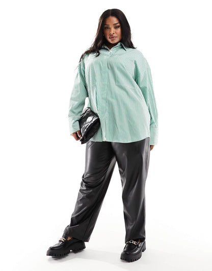 ASOS EDITION Curve oversized cotton shirt in green stripe