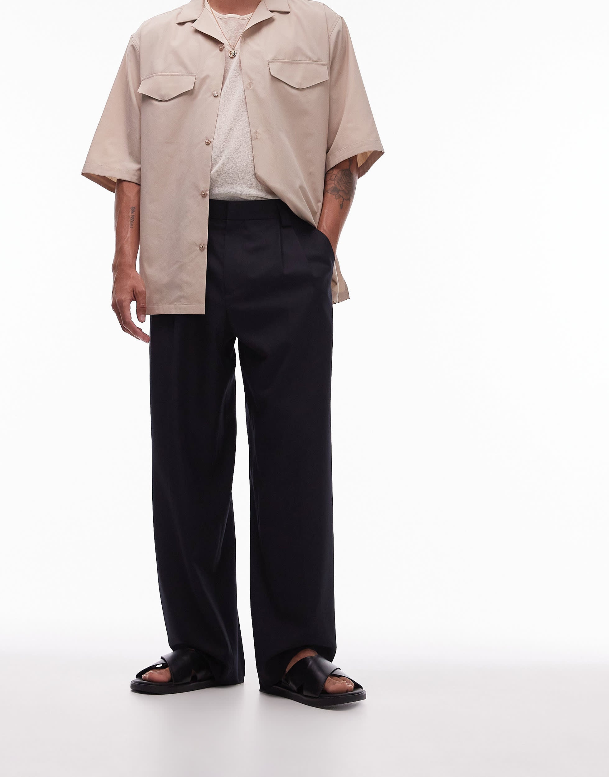 Topman linen blend mix wide leg trouser in black