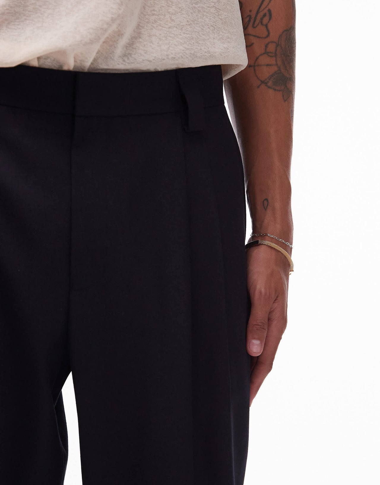 Topman linen blend mix wide leg trouser in black