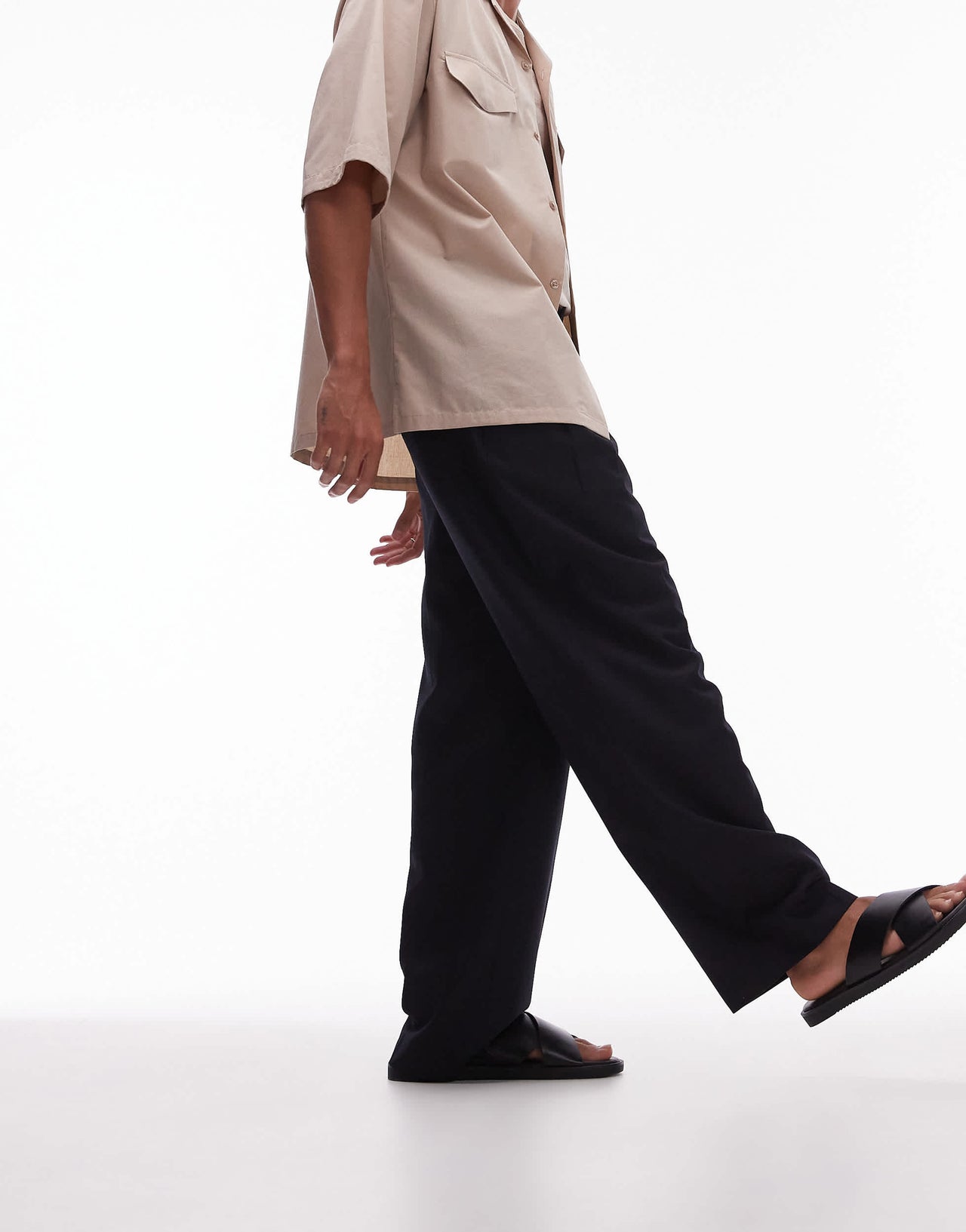 Topman linen blend mix wide leg trouser in black