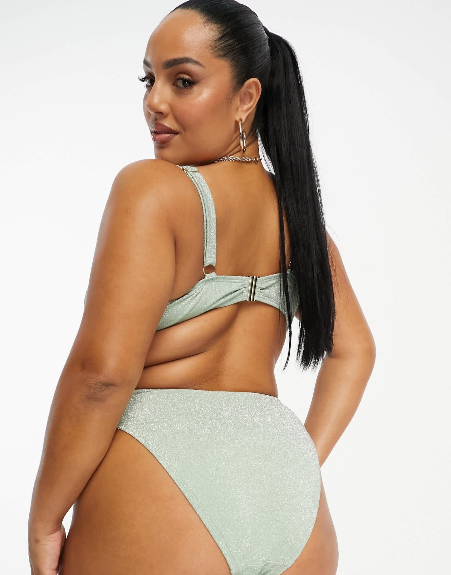 South Beach Curve high waist bikini bottom in sage green glitter