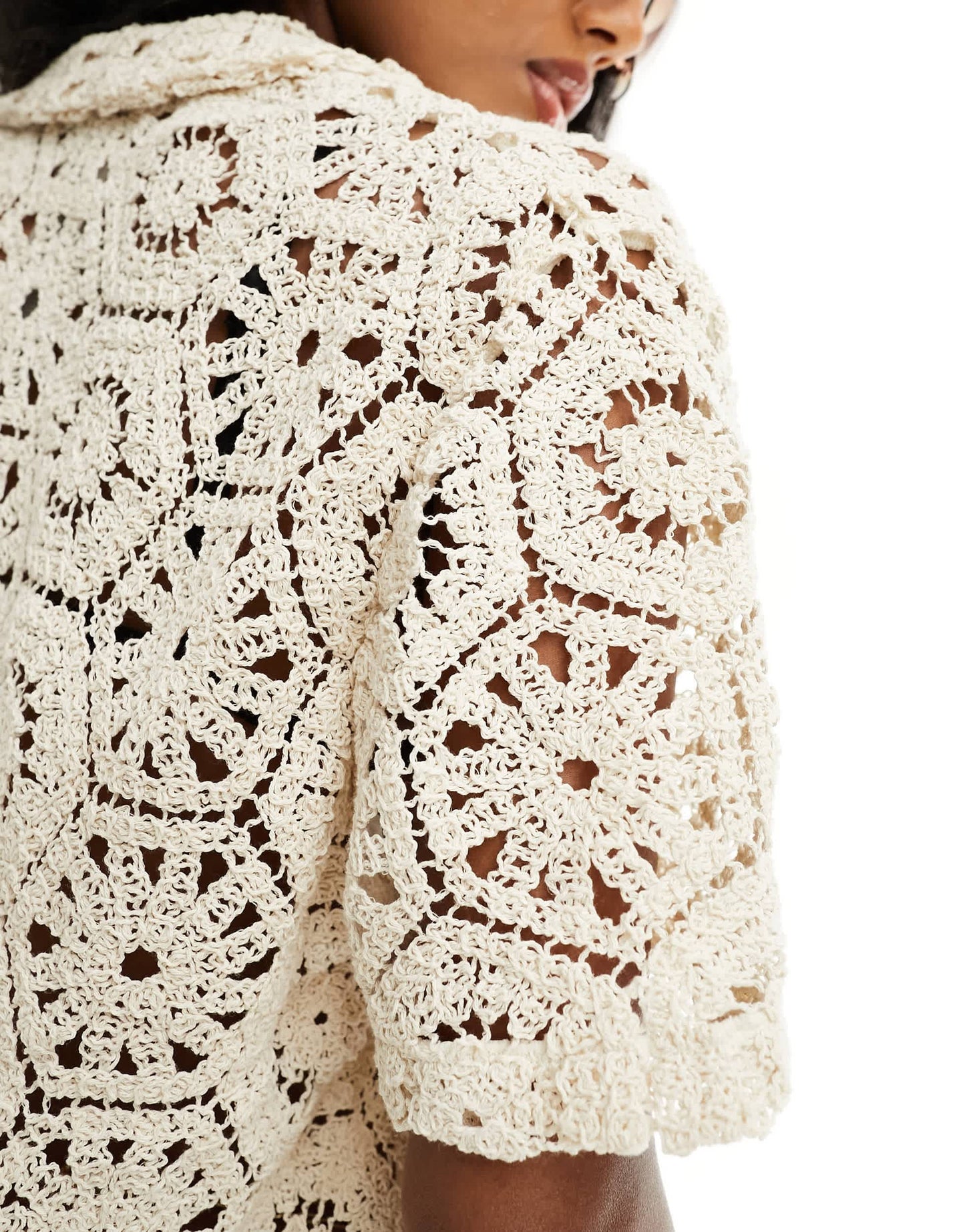 South Beach crochet beach shirt co-ord in cream